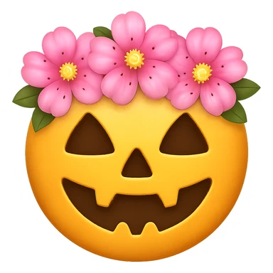 halloween yellow face with pink flower crown emoji, digital illustration, remove background sticker