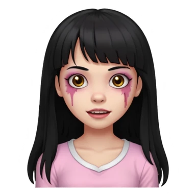 light-skinned black zombie girl with long black hair and bangs, wearing a light pink blouse, slightly smiling sticker