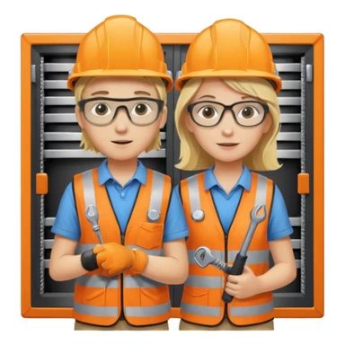 Boy and girl(blond hair) pushing Data center rack servers. They wearing helmet, ear protection, safety glass, orange vest. Holding drill and wrench sticker