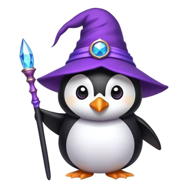 Penguin wearing a purple wizard hat and holding a magic wand sticker