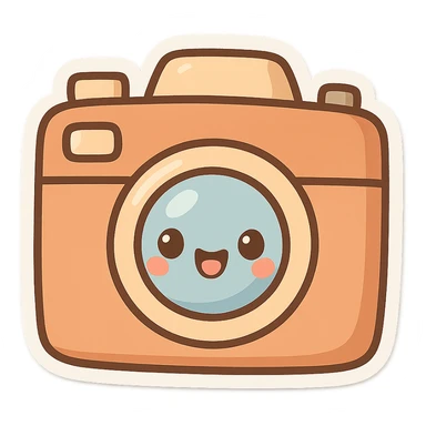 chibi sticker-style camera with a smiling face, cute and exaggerated sticker
