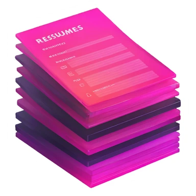 stack of resumes, transparent glass with bright pink gradient from #FF335F to #FF99AA, soft shadows and highlights, minimalistic sticker