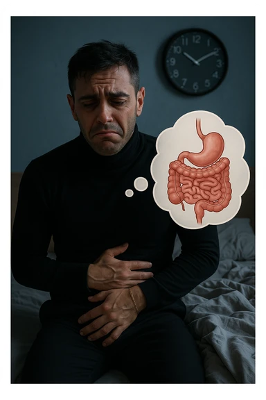 a tired-looking man sits on the edge of his bed at dawn, holding his stomach with a pained expression. Dark circles under his eyes and a messy bed indicate poor sleep. In the background, a clock shows early morning hours, and a thought bubble or overlay highlights digestive organs, emphasizing intestinal discomfort linked to sleep deprivation. sticker