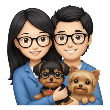 “An Asian girl with long, wavy black hair (loose, no hair tie) next to her smiling boyfriend—a light brown-skinned man with a Korean-style haircut and glasses. Together, they’re holding a small Yorkshire Terrier sticker