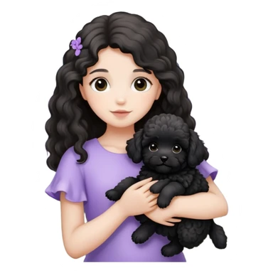 A long-haired girl holds a black maltipoo puppy in the lavender flowers sticker