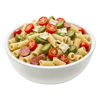 Pasta salad with chopped sausage, chopped gherkins, chopped cocktail tomatoes and mayonnaise  sticker