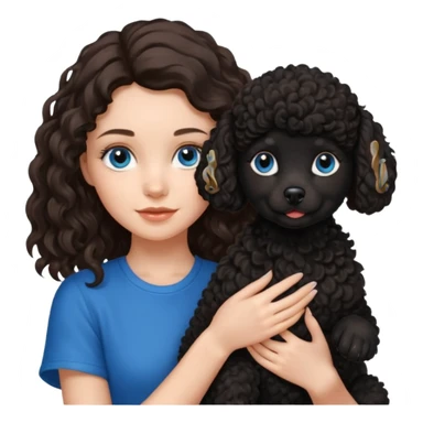 Brunette girl with long wavy hair and blue eyes holding one black puppy poodle with black fur and brown eyes. No decoration on the dog.  sticker