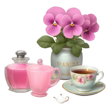 A cozy aesthetic: a pink candle in a glass jar, pastel pink pansies, a vintage perfume bottle, and a cup of steaming tea. sticker