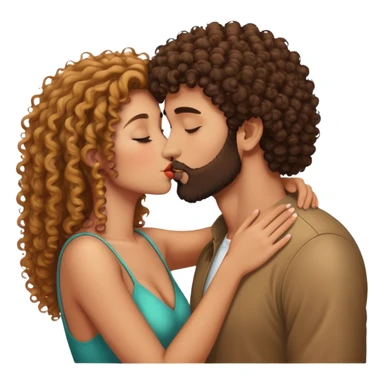 Curly haired girl kissing straight hair man with beard, romantic couple kiss sticker