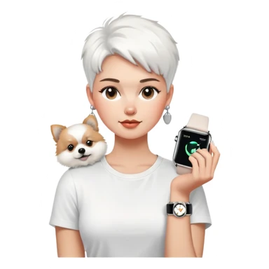 A woman with a base-shaped face and a very short haircut, wearing a white T-shirt, large stylish silver earrings, and an Apple Watch, holding a fluffy white Pomeranian. sticker