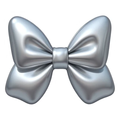 A cute bow emoji made of polished silver chrome, smooth rounded loops, glossy metallic surface, soft mirror reflections, subtle highlights, minimal and adorable proportions, iOS emoji style, centered composition, clean white background, soft studio lighting, no text, no outline, ultra high quality sticker