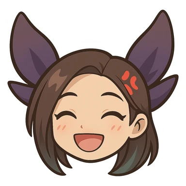 Create a chibi style emote of Kaisa from League of Legends showing a happy expression, only the head is visible. This is alternate happy expression 1 with a transparent background. sticker