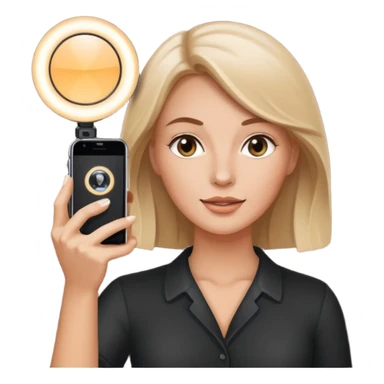 white woman holding a phone and recording with a ring light sticker