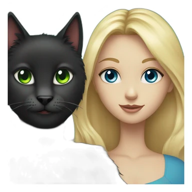 a black fluffy cat with blue eyes holds a blonde girl with green eyes sticker