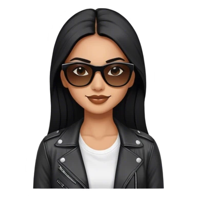 beautiful fit woman, with long straight black hair, with make up, black eye liner, smile mooth close, mexican, brown skin, wearing white tee, wearing leather black jacket, solar black wayfarer on the tip of the nose sticker