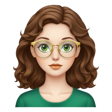 woman with pale skin, brown wavy hair, green eyes, gold glasses sticker
