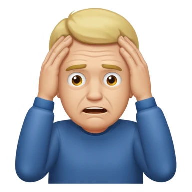 A white man sits at his desk, clutching his head in his hands. sticker