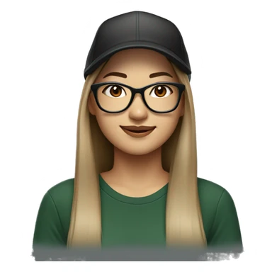 Hyper realistic, look from side, asian adult woman, light white skin, smiling with teeth, black eyes, spotted frame glasses, long light brown ombre straight hair, black T-shirt, dark green cap. sticker