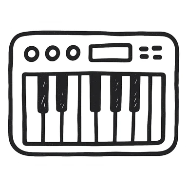 MIDI keyboard icon, hand drawn, black outlines, no fill, simple and clean, side view sticker