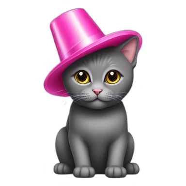 Dark Grey British short hair cat wearing a pink party hat sticker