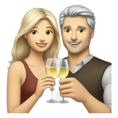 caucasian woman with brown eyes and blond medium long hair and a caucasian man with blue eyes and grey hair, toasting with a glass of white wine sticker