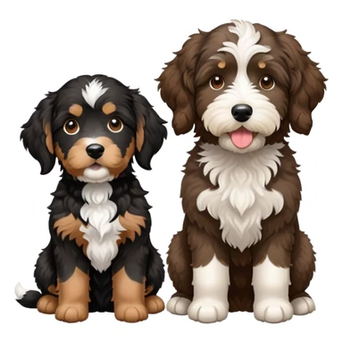 2 dogs: one light brown Aussiedoodle, one all-black Bernedoodle with white eyebrows some white markings, no brown coloring. Both same size. sticker