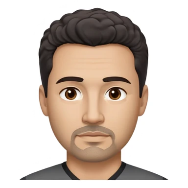 Hispanic man in his 40s with light tan skin. Square face with defined jawline. Warm dark brown eyes with calm gaze. Neutral friendly expression. Thick natural eyebrows. Black goatee with subtle gray hairs. Short curly dark hair with slight receding hairline. Wearing a black V-neck shirt. sticker