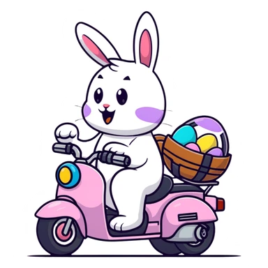 Easter bunny riding a BMW boxer motorcycle with trees and grass in the background, colorful Easter eggs hidden in the grass, and more bunnies watching from the side of the road sticker