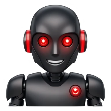 modern face of a black robot with white led eyes, red leds on robot, brave pose, smiling sticker
