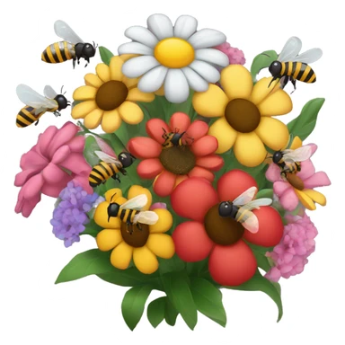 bouquet of flowers with bees flying around it sticker