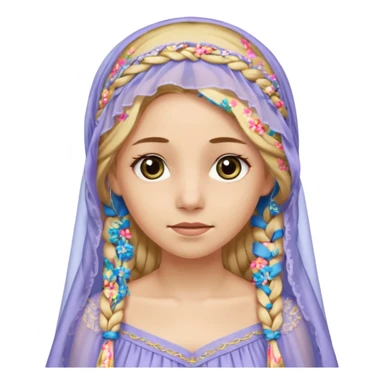 
mujer, Joven, de 25 aspecto dulce y elegante.
Piel clara, ojos grandes y expresivos, sonrisa triste.
Rubio o castaño claro, largo, con trenzas o velo.
Vestido largo cubriendole los zapatos, çde tonos suaves (blanco, azul o lavanda), con bordados dorados; toca fina cubriendo la cabeza. sticker