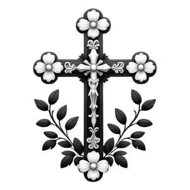 a black and white detailed cross with black and white flower sticker