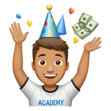 Тренер в футболке с надписью: «Академия». Лицо счастливое. На него падают деньги. На его голове один праздничный колпачок ко Дою Рождения. sticker