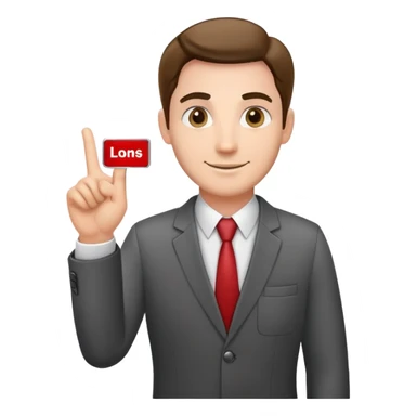 friendly salesman with a name tag, open hand gesture, business attire sticker