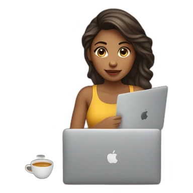 Mujer joven con cabello melena con MacBook y un cafe sticker