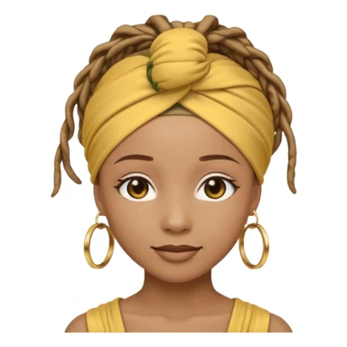 Non-portrait Jayci-vibe emoji, 1024 PNG, transparent. Headwrap (muted R-G-G), hoops, locs hint; soft smile, golden inner glow + faint heart aura. Embed: first-love, roots calm, playful grace, protective joy, consent. sticker