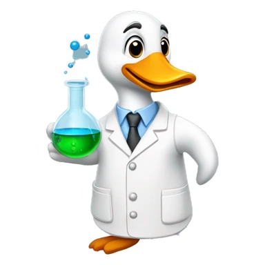 Goose wearing chemistry lab coat and has flask with chemicals sticker