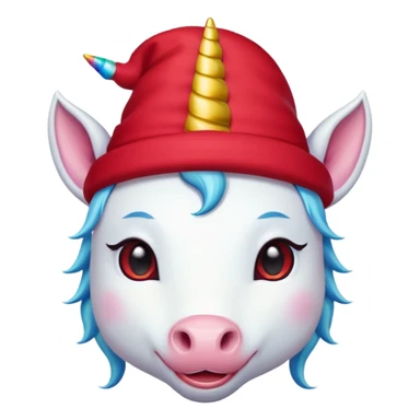 unicorn face cute wearing cute red hat, horn piercing through the hat looking in the camera sticker