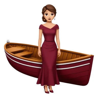 Chica blanca ,ojos marrones, vestido granate ajustado largo, escote barco cuerpo entero ,pelo muy largo y recogido zapatos tacón sticker