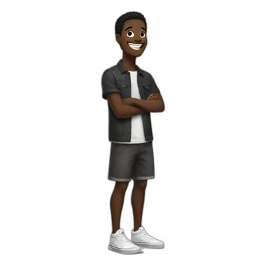 dark-skinned man, with black hair and brown eyes, dressed in a skater style dress of the brand vans laughing sticker