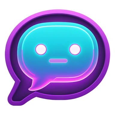futuristic minimalistic glowing chat bubble icon, purple and cyan neon lines, dark background, digital communication style, 1:1 aspect ratio, no face sticker