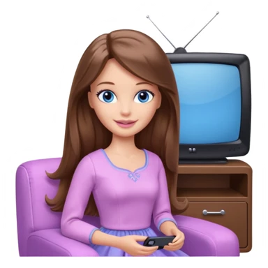 beautiful barbie girl with long brown hair, blue eyes and wearing light purple clothes watching tv sticker