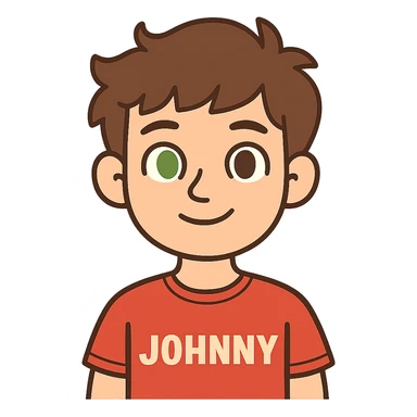 flat toon style Johnny with brown semi-fluffy hair, one green eye and one brown eye sticker