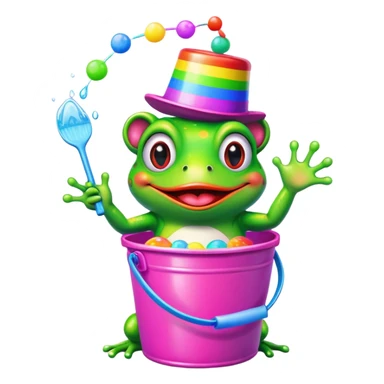 clown frog pepe with a rainbow bucket, pink background sticker