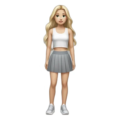 hyperrealist caucasian girl, long straight blonde hair, white sheer laced crop tanktop, grey micro skirt, grey and white sneakers sticker