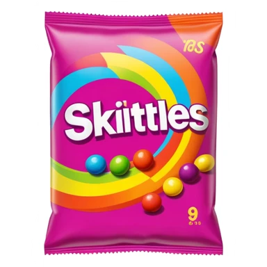 A vintage 90s Skittles package with neon accents, radical 90s American style, old school logo, bright and colorful sticker