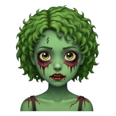 Garota, cabelos cacheados curtos na medida dos ombros, pele verde, olhos castanhos escuros, machucados pelo corpo, remetendo a um zumbi sticker