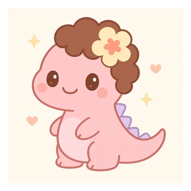 pink dinosaur with brown curly hair, a Hawaiian flower in her hair, and brown eyes, cute cartoon style sticker