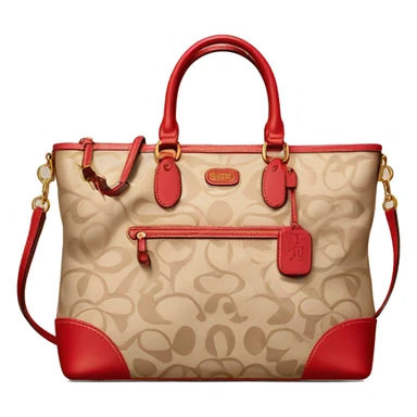 Beige Designer Coach bag with red monogram and beige trim sticker