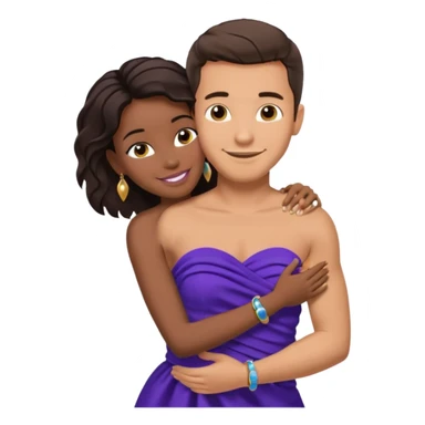 Tan brunette European male in blue shirt smiling and hugging a jet black African girl in purple strapless dress and blue jewelry sticker